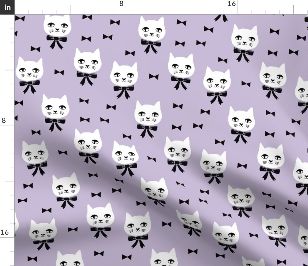 fancy cat // purple pastel cat fabric white cat design cute cats and bows fabric