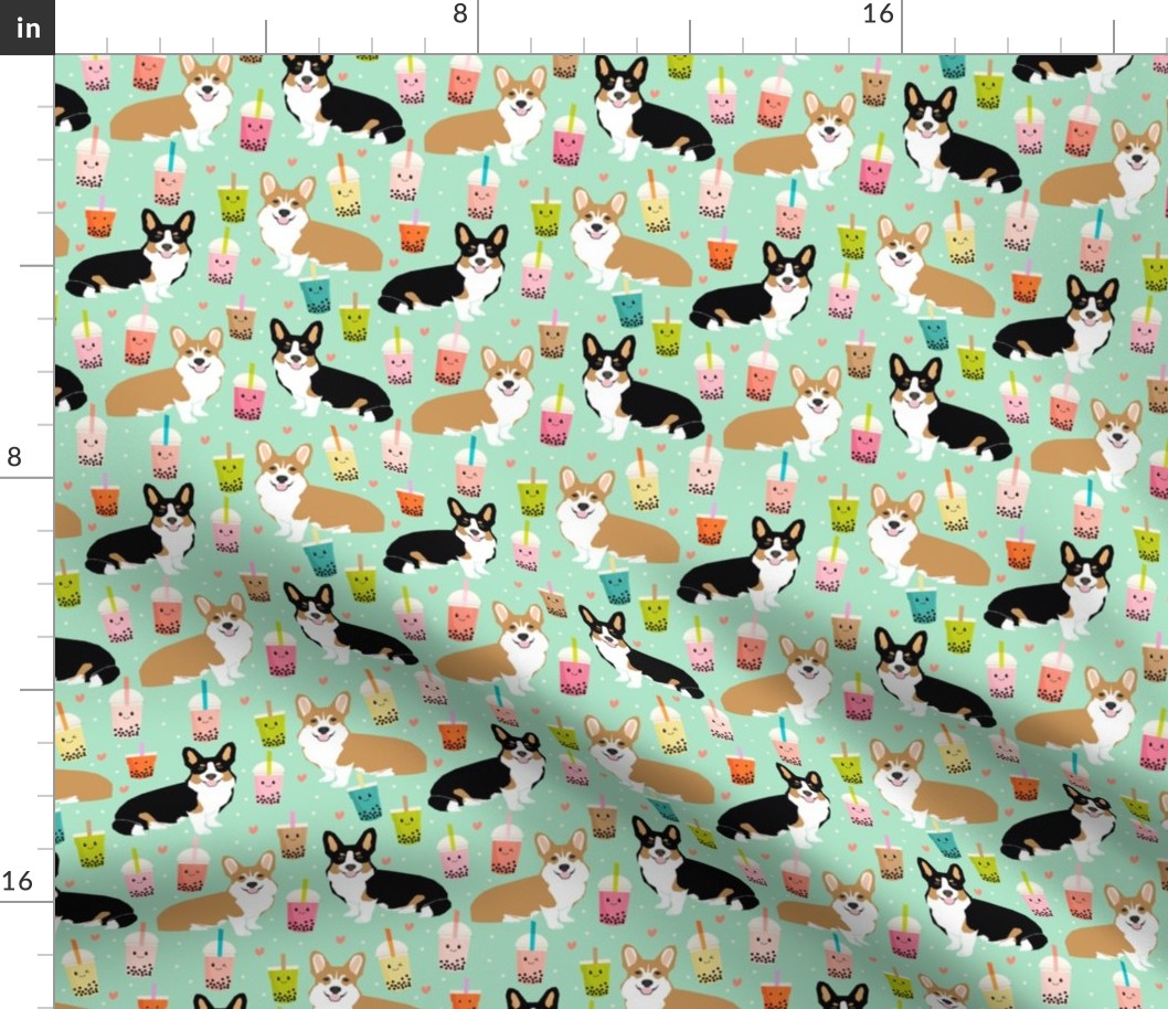 corgi bubble tea boba tea fabric cute kawaii corgis pattern design 