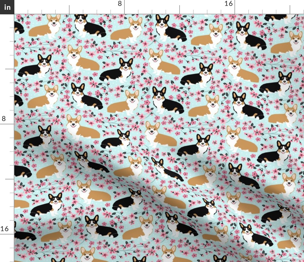 corgi spring florals fabric cherry blossom designs