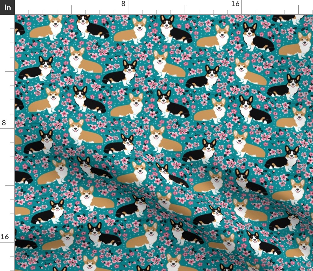 corgi spring florals fabric cherry blossom designs