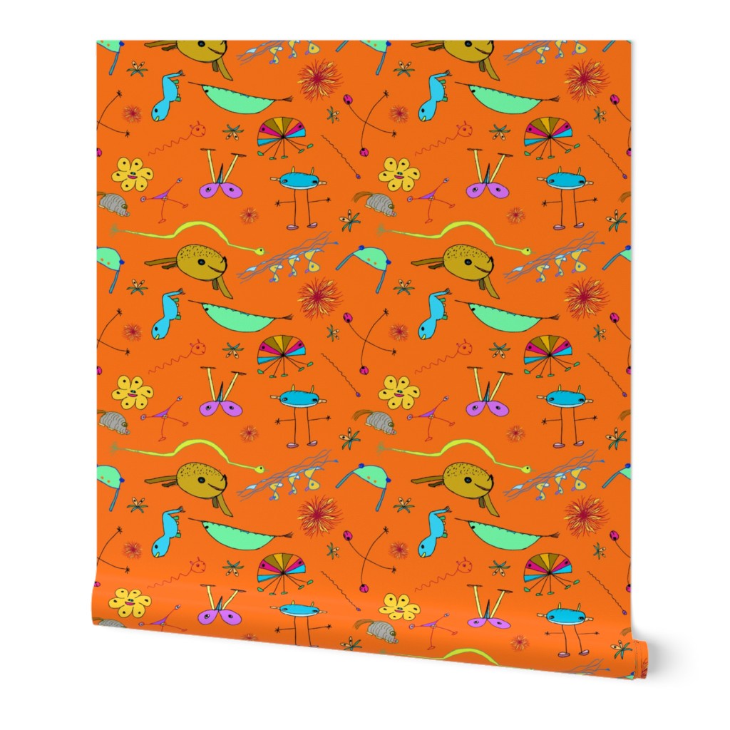 Imaginary Creatures Collection: Tossed Creatures On an Orange Background - 11" x 9" repeat, 300 dpi
