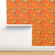 Imaginary Creatures Collection: Tossed Creatures On an Orange Background - 11" x 9" repeat, 300 dpi