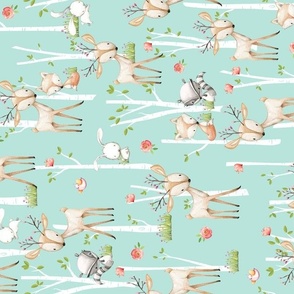 Sweet Woodland Animals (mint tea) Birch Trees Deer Fox Raccoon  Flowers Baby Girl Nursery Blanket Sheets Bedding, rotated