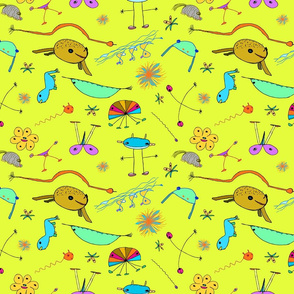 Imaginary Creatures Collection: Tossed Creatures On Icterine Yellow - 11" x 9" repeat, 300 dpi