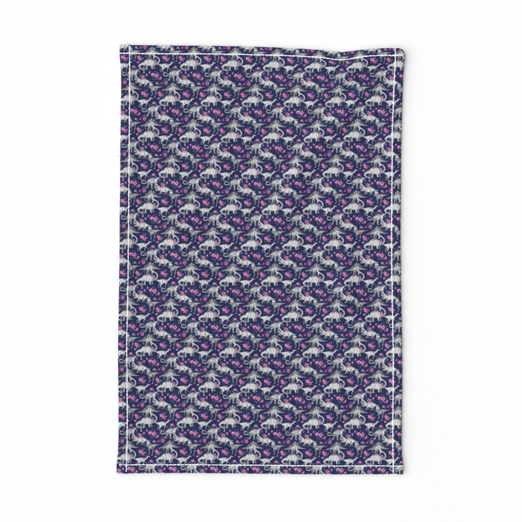 Extra Super Tiny Dinosaurs and Roses on Dark Blue Purple