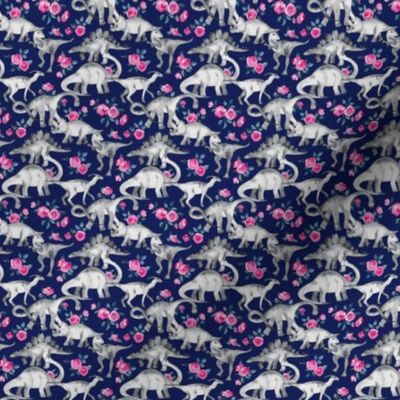 Extra Super Tiny Dinosaurs and Roses on Dark Blue Purple