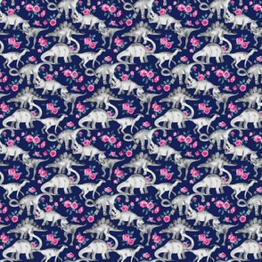 Extra Super Tiny Dinosaurs and Roses on Dark Blue Purple