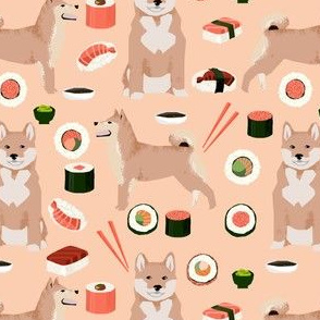 shiba inu and sushi fabric dogs fabric novelty dogs and food fabric - apricot