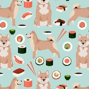 shiba inu and sushi fabric dogs fabric novelty dogs and food fabric - light blue