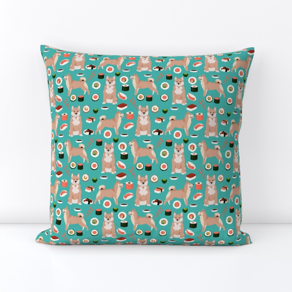 shiba inu and sushi fabric dogs fabric novelty dogs and food fabric - turquoise