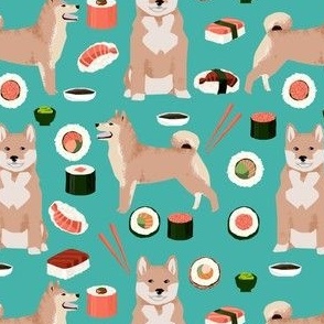 shiba inu and sushi fabric dogs fabric novelty dogs and food fabric - turquoise