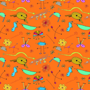 Imaginary Creatures Collection - Tossed Creatures on Orange - 11" x 9" repeat