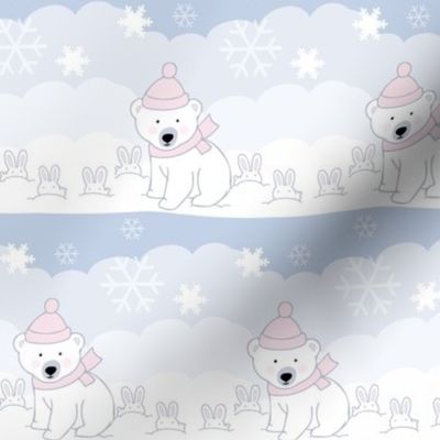 Baby Polar Bears and Bunnies in the Winter Snow Pastel Stripe