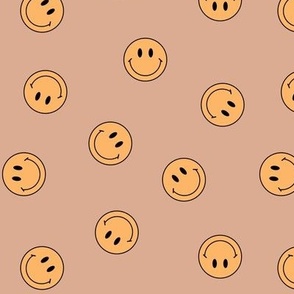 Small Tossed Muted Smiley Faces in Yellow on Brown 