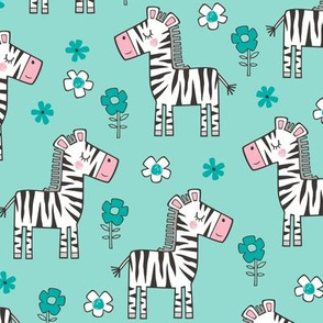 Zebra Horse With Flowers  Floral On Mint Green