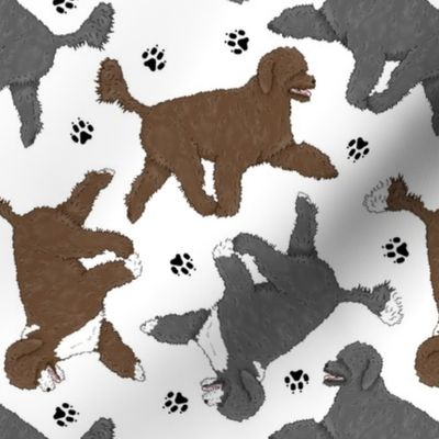 Trotting retriever clip Portuguese water dogs and paw prints - white