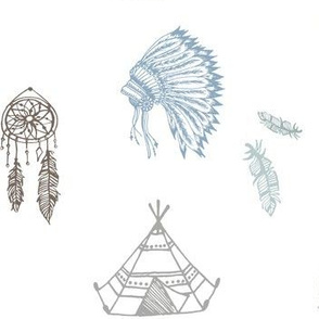  7" Boho Indian Native  - Light Blue / Grey /  Brown & Tan
