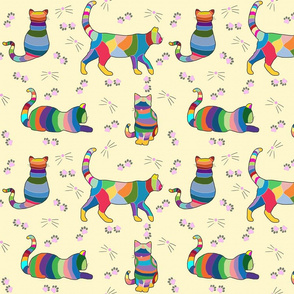  Colorful CrossStitch Cats on Soft Yellow Background