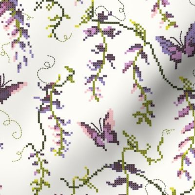 Pink and purple Wisteria butterfly floral Cross Stitch Needle point, Cottagecore, nursery wallpaper, baby shower, baby girl, home decor, lavender flowers, light color, green vines, delicate floral