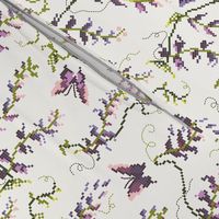 Pink and purple Wisteria butterfly floral Cross Stitch Needle point, Cottagecore, nursery wallpaper, baby shower, baby girl, home decor, lavender flowers, light color, green vines, delicate floral