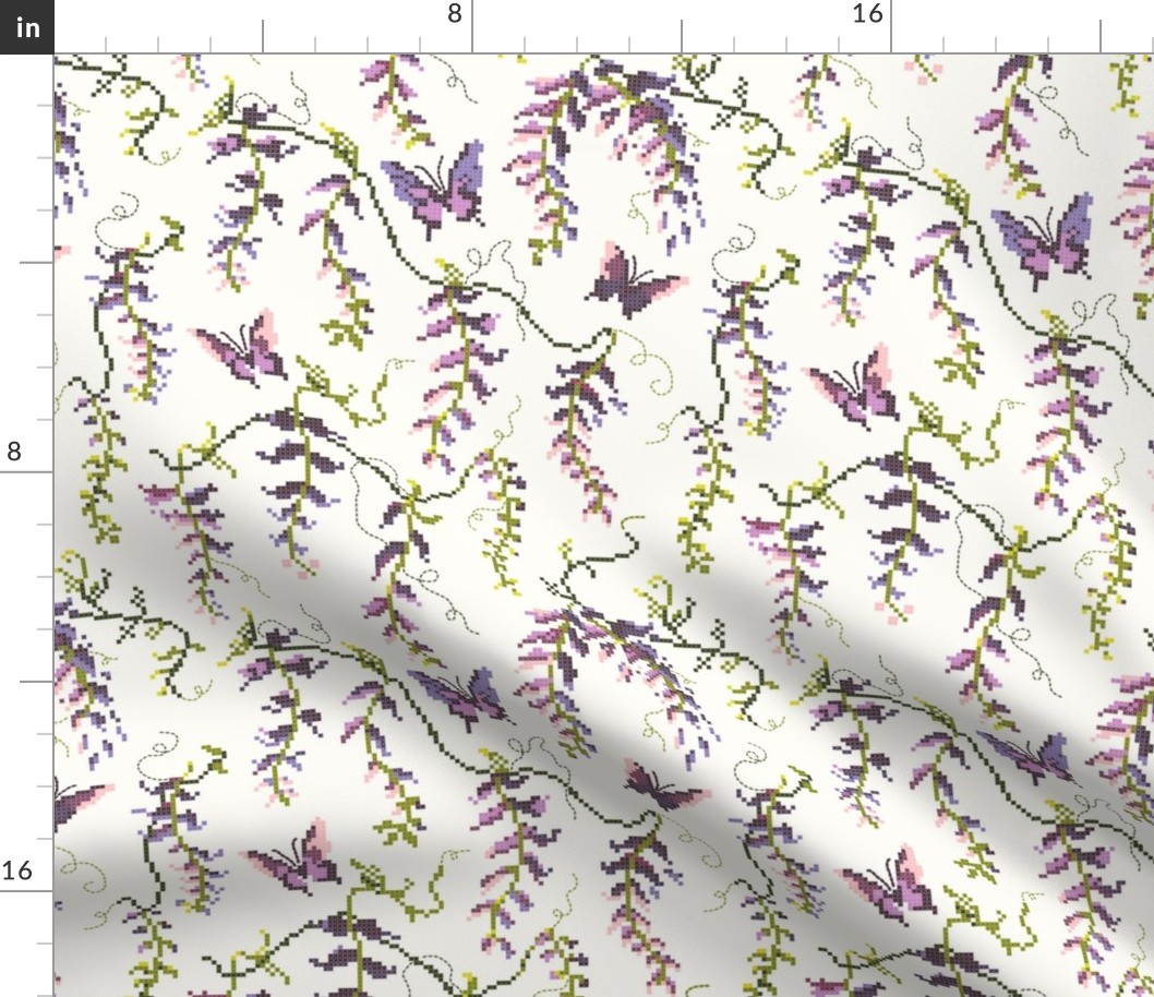 Pink and purple Wisteria butterfly floral Cross Stitch Needle point, Cottagecore, nursery wallpaper, baby shower, baby girl, home decor, lavender flowers, light color, green vines, delicate floral