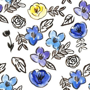 Yellow Blue Watercolor Florals 