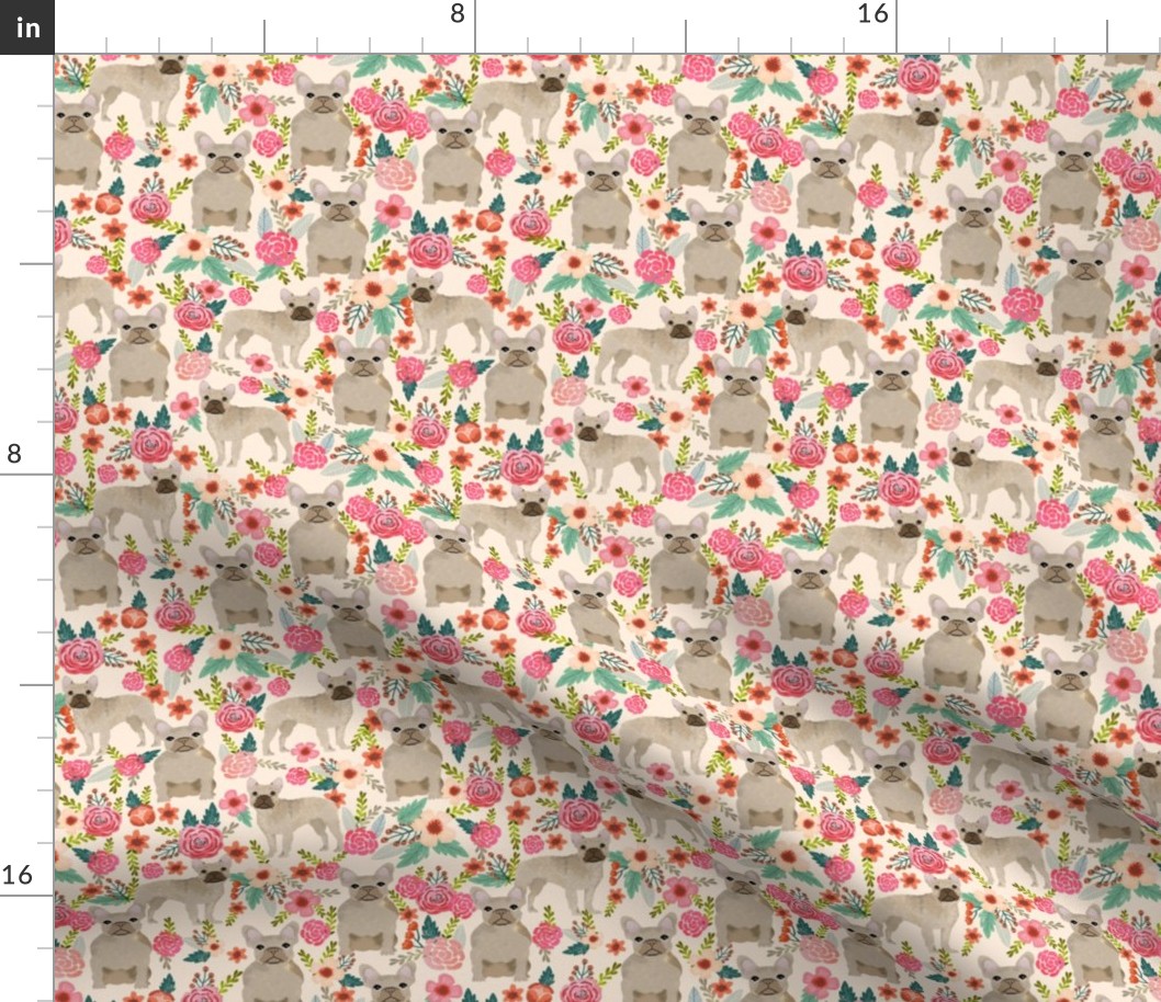 french bulldog floral fabric - fawn frenchie fabric