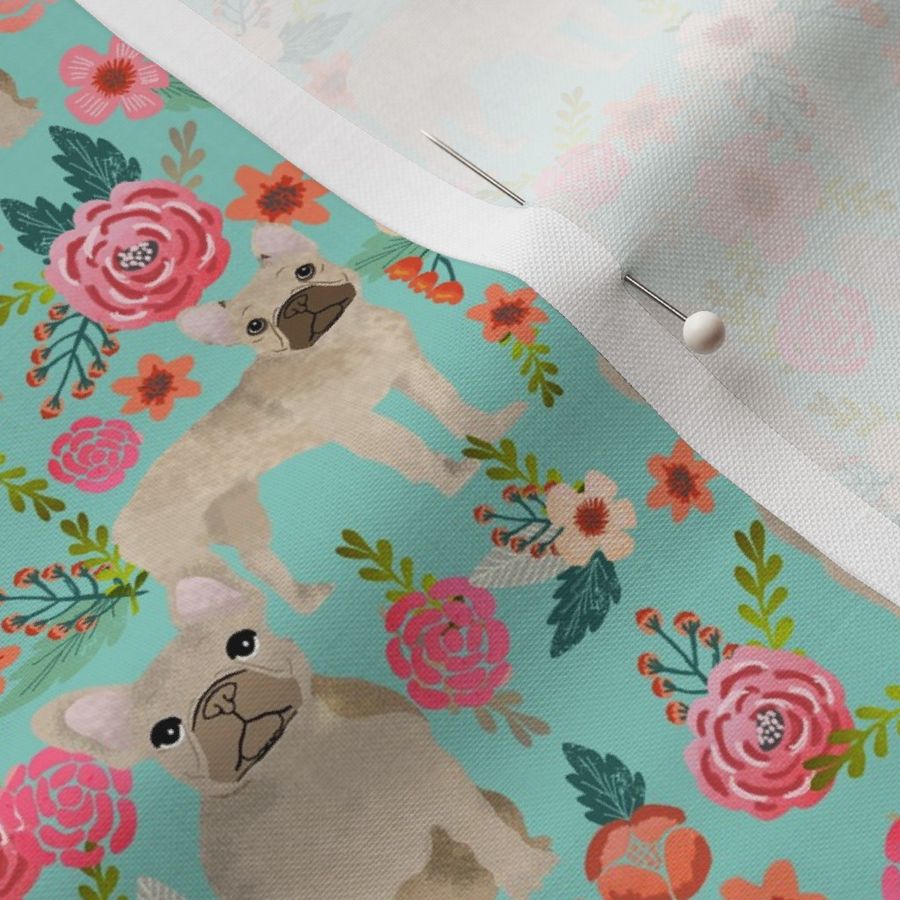 french bulldog floral fabric - fawn frenchie fabric