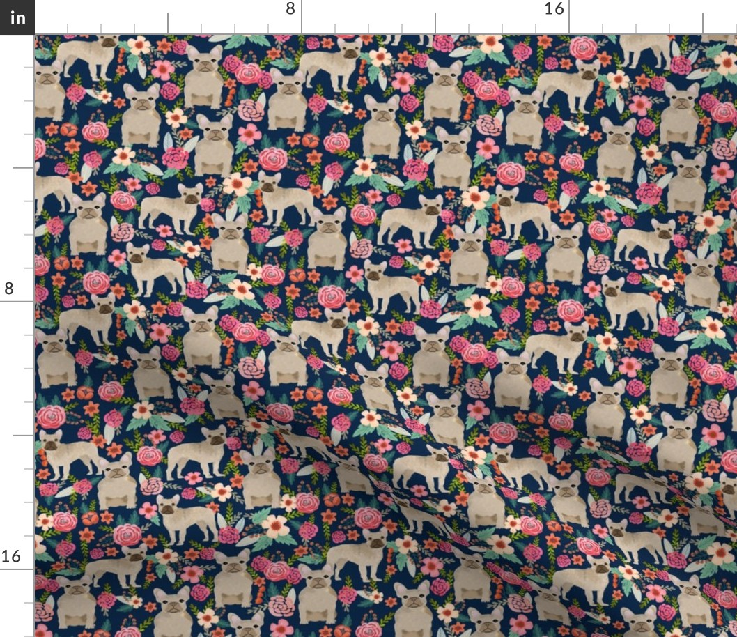 french bulldog floral fabric - fawn frenchie fabric