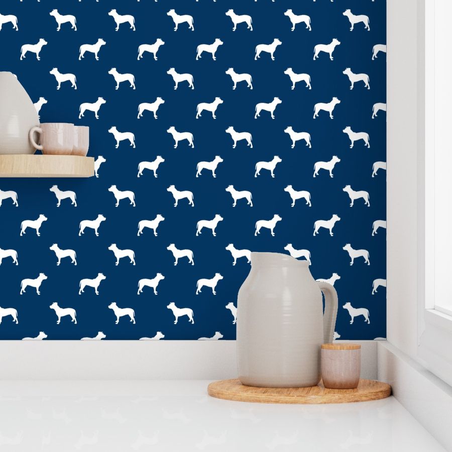 pitbull silhouette fabric dog dogs fabric - navy