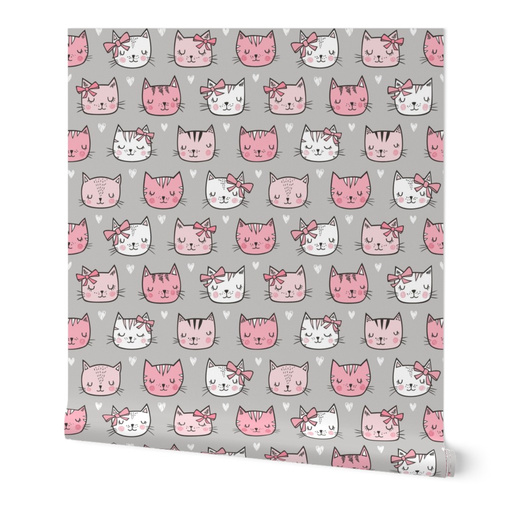 Pink Cat Cats  Faces with Bows and Hearts on Grey