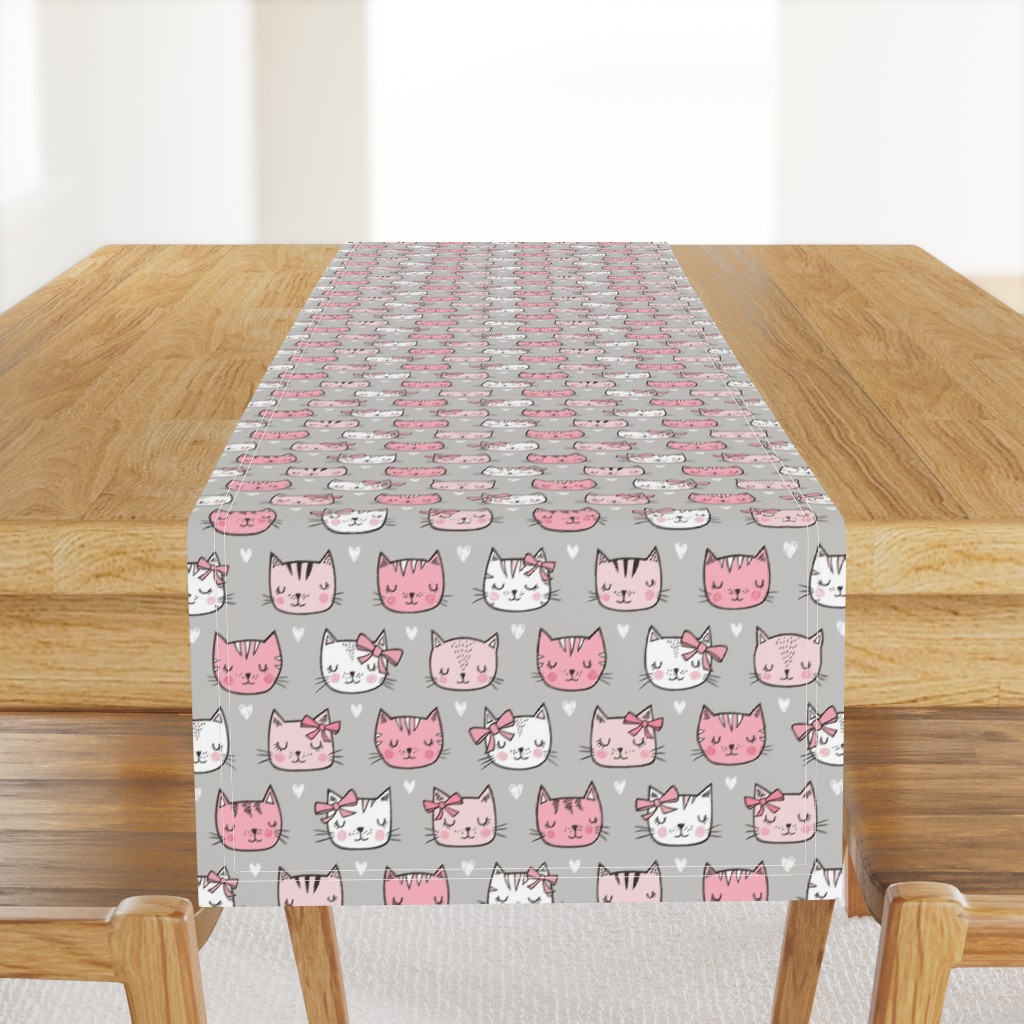 Pink Cat Cats  Faces with Bows and Hearts on Grey