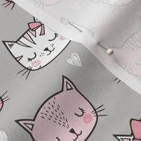 Pink Cat Cats  Faces with Bows and Hearts on Grey