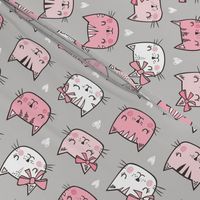 Pink Cat Cats  Faces with Bows and Hearts on Grey