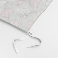 Pink Cat Cats  Faces with Bows and Hearts on Grey