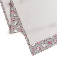 Pink Cat Cats  Faces with Bows and Hearts on Grey