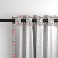 Pink Cat Cats  Faces with Bows and Hearts on Grey