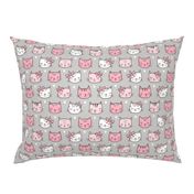 Pink Cat Cats  Faces with Bows and Hearts on Grey