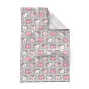 Pink Cat Cats  Faces with Bows and Hearts on Grey