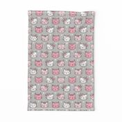 Pink Cat Cats  Faces with Bows and Hearts on Grey