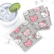 Pink Cat Cats  Faces with Bows and Hearts on Grey