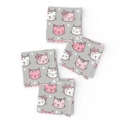 Pink Cat Cats  Faces with Bows and Hearts on Grey