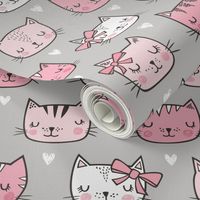 Pink Cat Cats  Faces with Bows and Hearts on Grey