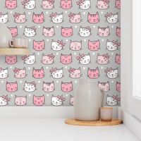 Pink Cat Cats  Faces with Bows and Hearts on Grey