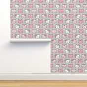 Pink Cat Cats  Faces with Bows and Hearts on Grey