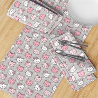 Pink Cat Cats  Faces with Bows and Hearts on Grey