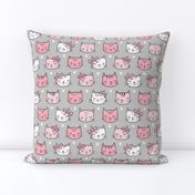 Pink Cat Cats  Faces with Bows and Hearts on Grey