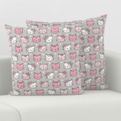 Pink Cat Cats  Faces with Bows and Hearts on Grey