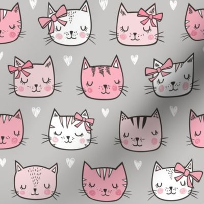 Pink Cat Cats  Faces with Bows and Hearts on Grey