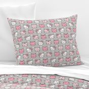 Pink Cat Cats  Faces with Bows and Hearts on Grey